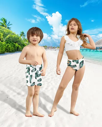 Vista 4 de Matching Family Swimsuits Ruffle&Palm Print Bikini Top Bathing Suits Racerback with High Waisted Bottom Tankini Set