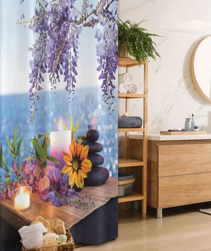 Vista 105 de set de cortina para baño decorativa de tela de poliéster con ganchos