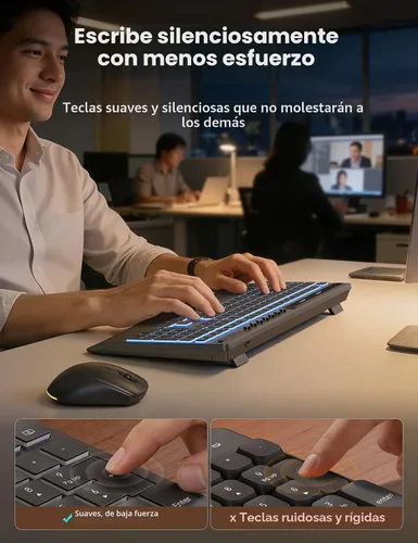 Vista 5 de Trueque Combo de teclado y mouse inalámbricos, teclado retroiluminado recargable de 4000 mAh con reposamuñecas y soporte para teléfono, escritura
