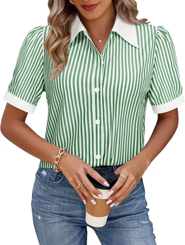 Vista 29 de Gleeivy Camisas de botones para mujer de manga corta abombada, camisas de vestir abotonadas con cuello ajustado, blusa superior de trabajo