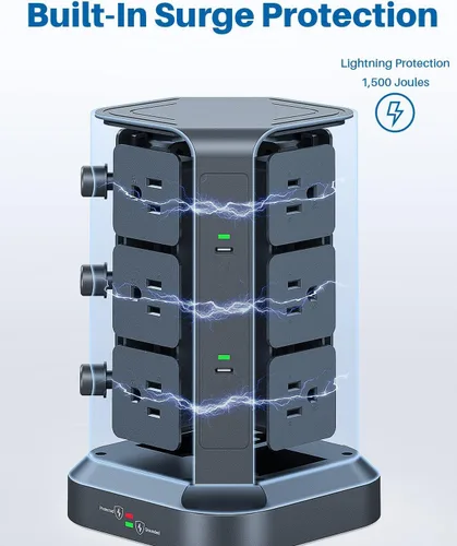 Vista 6 de KOOSLA - Tira de alimentación de torre con 2 USB C, protector de sobretensiones de 1500J con 12 tomas y 5 USB (1875W/15A), cable de extensión de 5