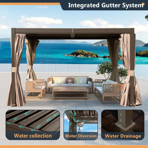 Vista 8 de Domi - Pérgola de aluminio para exteriores de 10 x 10 pulgadas con cortinas y malla Marrón oscuro