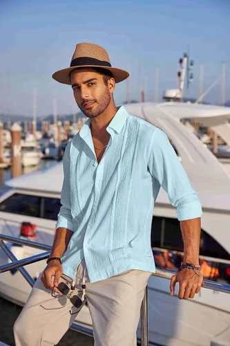 Vista 4 de COOFANDY Men's Cuban Guayabera Shirts Long Sleeve Casual Button Down Shirt Cotton Beach Tops