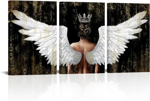 Vista 8 de OuElegent Lienzo decorativo para pared, diseño de alas de ángel doradas y negras, arte contemporáneo con corona, para sala de estar, dormitorio