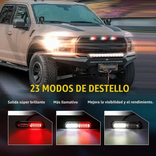 Vista 2 de Luces estroboscópicas LED para camiones, color blanco y rojo, 23 modos intermitentes, 12 LED, luz de parrilla de montaje en superficie de emergencia