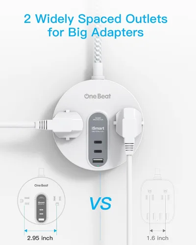 Vista 5 de Regleta protectora contra sobretensiones con 2 USB C, cable de extensión de enchufe ultra plano con 2 salidas de CA ampliamente y 3 USB, pequeña