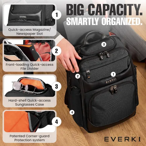 Vista 4 de EVERKI Onyx Mochila para portátil de negocios – Bolso de cuero balístico y nylon duradero, diseño apto para viajes, espacio dedicado para portátiles