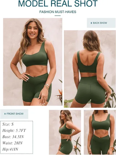 Vista 5 de Aleumdr Trajes de dos piezas para mujer, trajes de entrenamiento, brasier deportivo con pantalones cortos de yoga cruzados