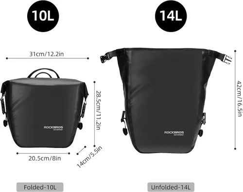 Vista 6 de ROCKBROS Bolsa de alforjas delanteras enrollables Bolsa de rack frontal para bicicleta Paquete de estante resistente con asa de transporte y correa