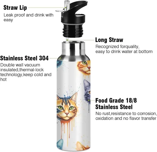 Vista 3 de Insulated Stainless Steel Water Bottle with Straw 32 Oz, BPA-Free Sport Water Bottle for Gym Outdoor Travel School, Colorful Cats Tie Dye