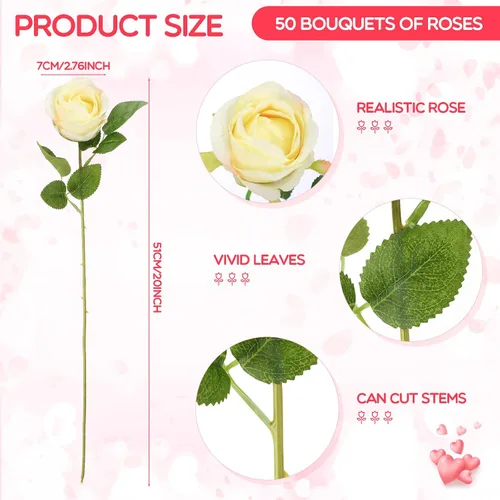 Vista 2 de Jexine 50 rosas artificiales de seda realistas a granel con tallo largo de plástico, ramo de flores artificiales de aspecto real para el hogar