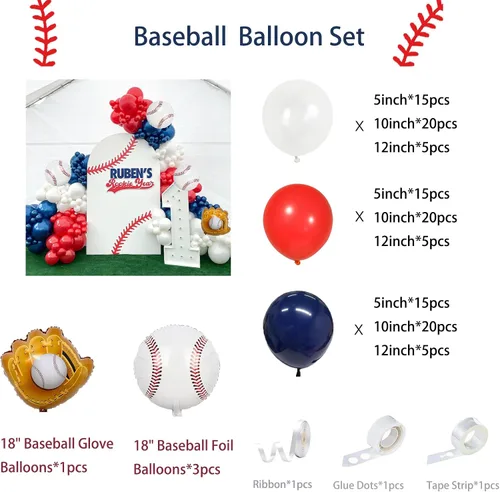 Vista 3 de Kit de guirnalda de arco de globos de béisbol, kit de guirnalda de arco de globos rojos, blancos y azules para fiestas deportivas, cumpleaños