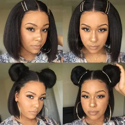 Vista 6 de Pelucas de cabello humano corto Yaki Bob de 10 pulgadas para mujer, con encaje frontal de 13 x 4 pulgadas, sin pegamento, corte corto