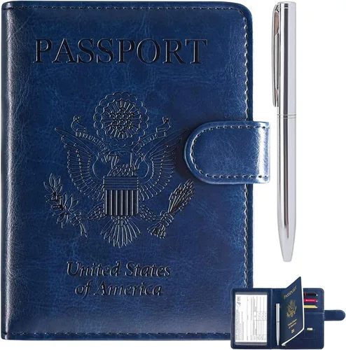Vista 9 de RSAquar Soporte para pasaporte para mujeres y hombres, de piel sintética de alta calidad, cartera de pasaporte de viaje, con bloqueo RFID, cubierta
