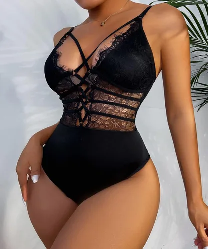 Vista 3 de Buitifo Lencería de una sola pieza estilo babydoll para mujeres, de malla transparente, con detalle de lazo entrecruzado, escote en V