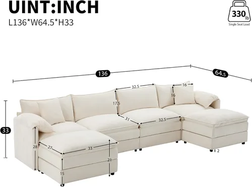 Vista 11 de Moderno sofá modular en forma de U con almohadas para la cintura, sofá cama con diván, sofá tapizado simétrico de felpilla de 6 asientos para sala