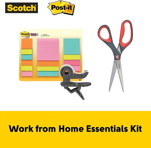 Vista 2 de Kit Work From Home Essentials, incluye dispensador de cinta de clip y torsión, tijeras de precisión y Post-it