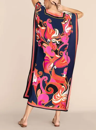 Vista 2 de Cashew Flower Silk Caftan Women Vneck beach Cover up Caftans Loose Plus Size Floral Print Side Split Kaftan Dresses
