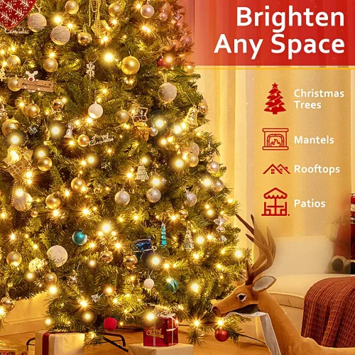 Vista 4 de 300 luces LED de Navidad blancas cálidas para interiores y exteriores, cadena de luces LED de 100 pies, cable verde, enchufable, luces de árbol