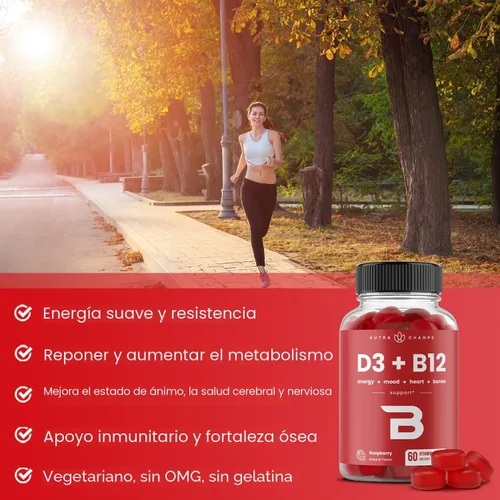 Vista 4 de NutraChamps Vitamina D3 y B12, Gomitas de Metil B12 para Adultos y Niños, Enriquecidas con Vitamina D 3 y Folato de Vitamina B9, Energía Natural