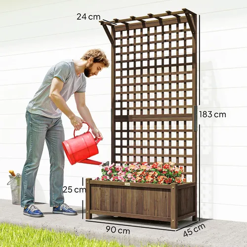 Vista 7 de Outsunny Maceta de Madera con Enrejado para Plantas Trepadoras, Cama Elevada, Caja de Maceta con Agujeros de Drenaje para Cultivar Verduras, Hierbas