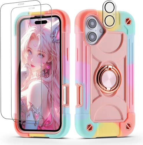 Vista 133 de Funda para iPhone 11 de 6.1 pulgadas con soporte de anillo, con 2 protectores de pantalla de vidrio, resistente a los golpes, resistente a
