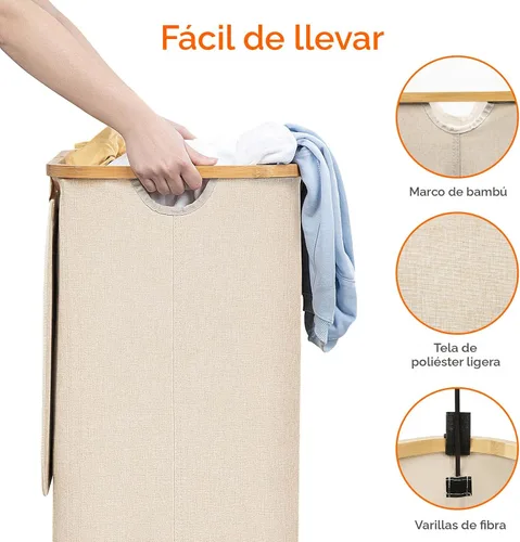 Vista 6 de Lifewit Cesta de lavandería de 80 litros con tapa, cestas de ropa para lavandería con asas de bambú y una bolsa de lavandería extraíble, cesta