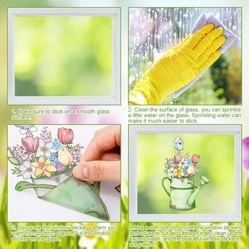 Vista 7 de Whaline 106 calcomanías de PVC reutilizables para ventana de primavera, acuarela, gnomo, mariposa, flores, calcomanías de PVC reutilizables