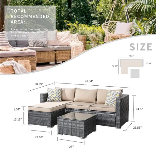 Vista 6 de SUNLEI Juegos de muebles de exterior, respaldo bajo, sofá modular pequeño de ratán para todo tipo de clima, con mesa de té, cojines de sofá lavables