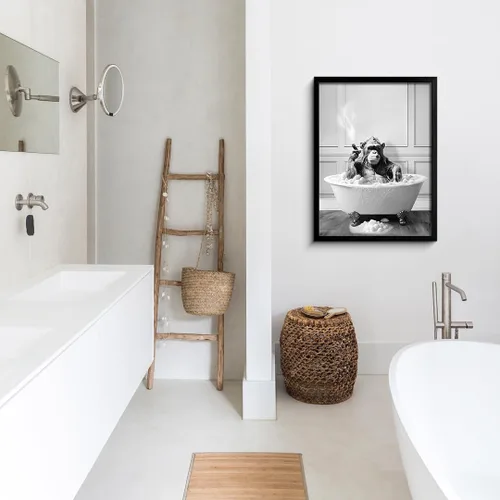 Vista 4 de Framed Wall Art for Bathroom Decor Chimpanzee in the Bathtub Wall Art Black and White Wall Art Funny for Bathroom Wall Decor Humor Posters Animals