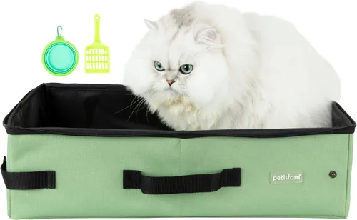Vista 12 de Arenero portátil de viaje para gatos con tapa para contener arena y olor. Fácil de transportar, limpiar y almacenar. Ideal para viajes en auto
