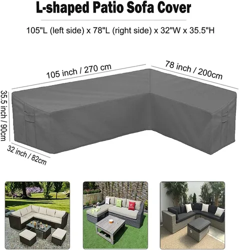 Vista 5 de Funda para sofá de patio, funda para muebles seccionales en forma de L, resistente al agua, protector de sofá de jardín con correa de hebilla y asa