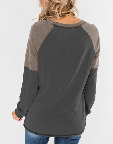 Vista 3 de Bingerlily - Blusas de manga larga para mujer, estilo informal, cuello redondo, camiseta con colores contrastantes