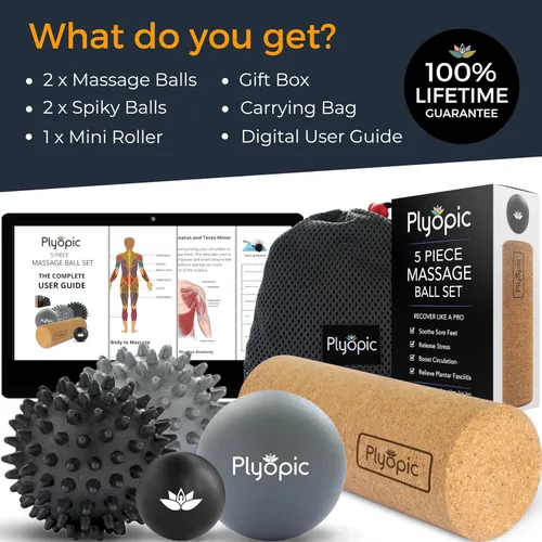 Vista 2 de Juego de bolas de masaje – Kit completo de 5 piezas: Spiky, Lacrosse y mini bolas de precisión + rodillo – Fascitis plantar, arco del pie y alivio