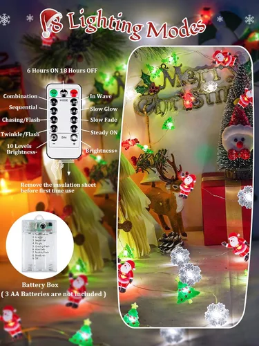 Vista 2 de Guirnalda de luces de Navidad, 10 pies, 30 LED, árbol de Navidad, Papá Noel, copo de nieve, luces de hadas, funciona con pilas, con control remoto