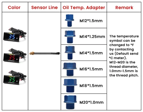 Vista 3 de Medidor de temperatura de aceite de motocicleta Medidor digital de temperatura de aceite termómetro electrónico con adaptador de sensor de Azul