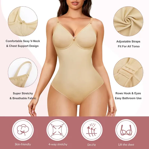 Vista 3 de AOSBOEI Body con cuello en V para mujer, sin mangas, tirantes delgados, camisolas, leotardo, sexy, informal, camiseta sin mangas para salir