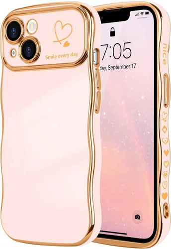 Vista 45 de LCHULLE - Funda para iPhone Air, linda para mujeres y niñas, con forma de onda, color azul bebé Luxury Plating Curly Wavy Frame with Love Heart