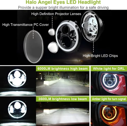 Vista 6 de Faro delantero redondo CREE de 7 pulgadas con anillo de halo de ojos de ángel, 2 piezas de 6000 lúmenes de haz alto y bajo, luz para todo terreno