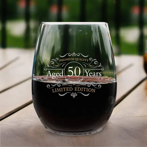 Vista 4 de DU VINO Copa de vino sin tallo de edición vintage para hombres y mujeres (50 aniversario) de 15 onzas, copas de vino de feliz cumpleaños para niños