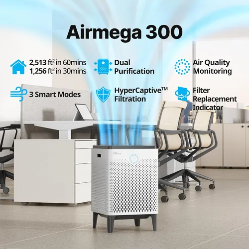 Vista 2 de Coway Purificador de aire inteligente Airmega 300 con cobertura de 1,256 pies cuadrados, color blanco, modelo: AP-1515H