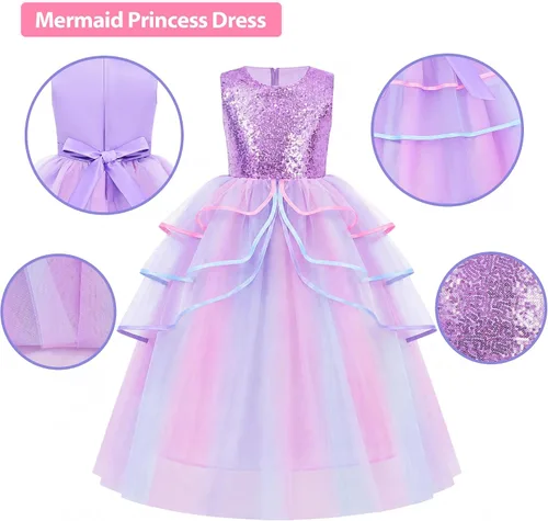 Vista 3 de Vestido de princesa unicornio, disfraz, joyas y diadema para niñas pequeñas Princesa sirena 9