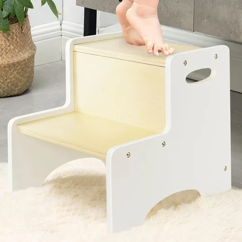 Vista 10 de WOOD CITY Taburete de Paso de Madera para Niños Pequeños, Taburete para Baño y Cocina, Taburete Natural de Dos Niveles para Dormitorio, Taburete