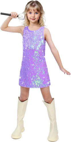 Vista 7 de Vestido de lentejuelas para niñas, sin mangas, con purpurina, disfraz para graduación, concierto, fiesta con accesorio de micrófono de purpurina