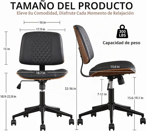 Vista 2 de Silla de escritorio de oficina con ruedas sin brazos, silla de computadora Negro
