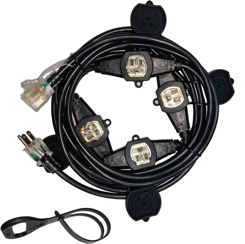 Vista 8 de Cable de Extensión de Corriente de 25 Pies con 3 Clavijas, Cable SJTW Calibre 12 5-15R de Enchufe Macho a Conector Hembra, 7 Tomacorrientes