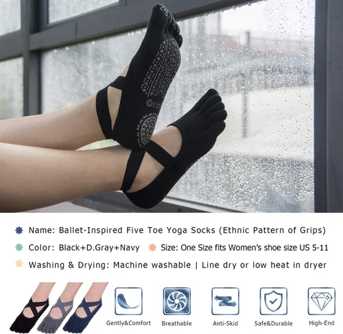 Vista 3 de Ozaiic Yoga Socks for Women with Grips, Non-Slip Five Toe Socks for Pilates, Barre, Ballet, Fitness