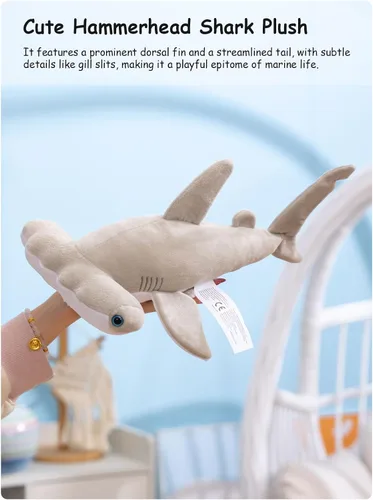 Vista 2 de Lindo juguete de peluche de tiburón martillo, adorable animal de mar de peluche de tiburón suave de 12 pulgadas para niños, esponjoso, regalo