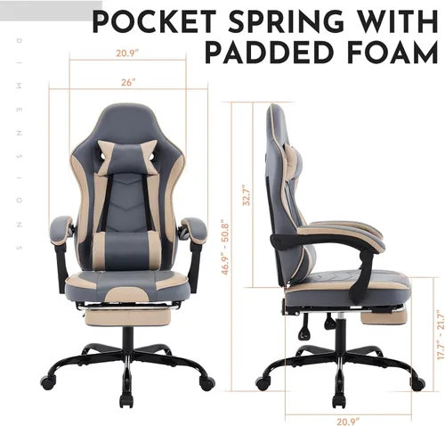 Vista 3 de Silla ergonómica de cuero para juegos con reposapiés, cómoda silla de juegos beige con cómodo reposacabezas y soporte lumbar para adultos, niños
