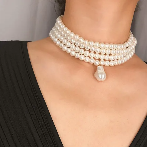 Vista 3 de Wiwpar Gargantilla de perlas de imitación redonda, collar vintage con colgante de perlas de múltiples hebras, collar de los años 20 para mujer